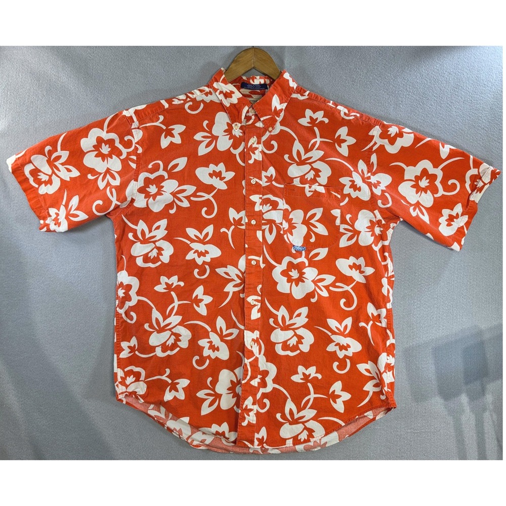 Tommy Hilfiger Tropical Coastal Floral Button Down Shirt XL Cotton Orange Retro